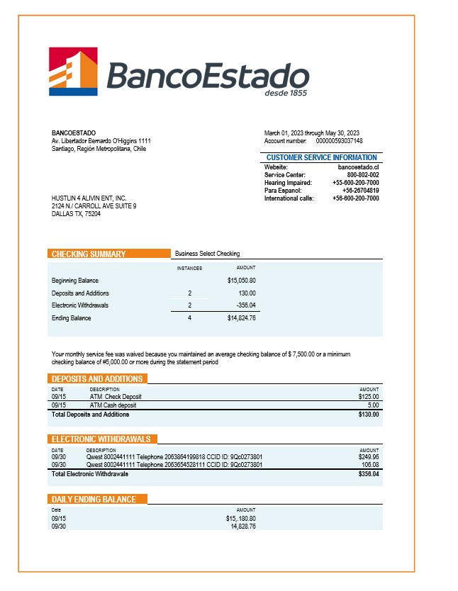 Déclaration d'organisation du Banco del Estado de Chille Modèle Word et PDF